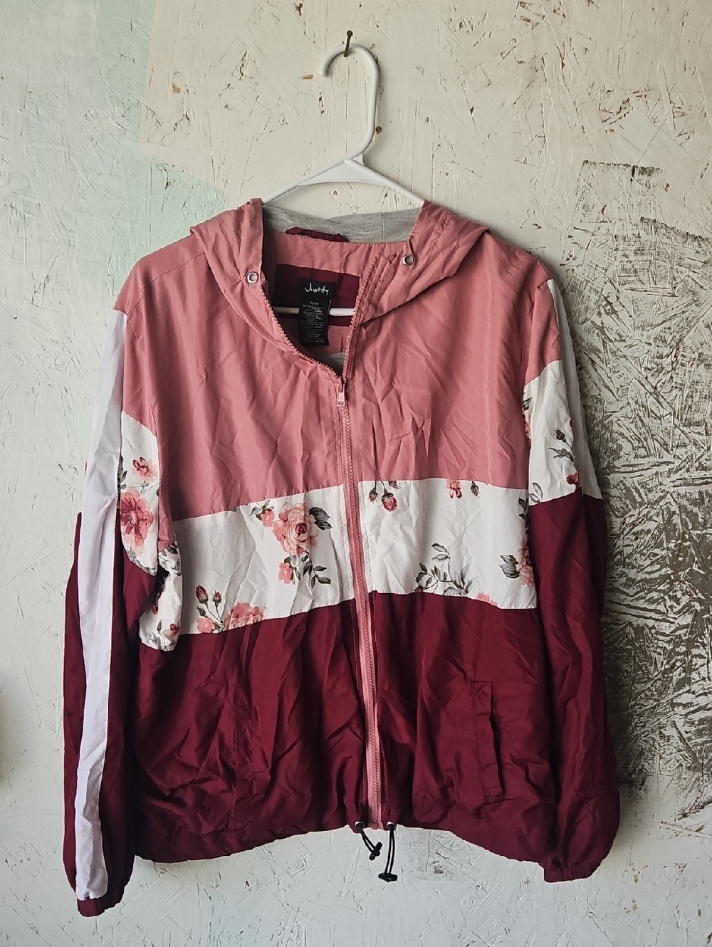 Justify Pink, White & Burgundy Floral Hooded Colorblock Bomber Jacket